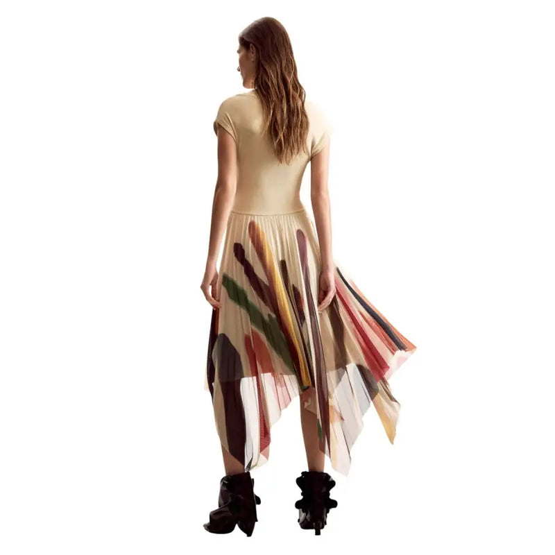 Robe courte imprimée beige Desigual pour femme, avec jupe asymétrique transparente