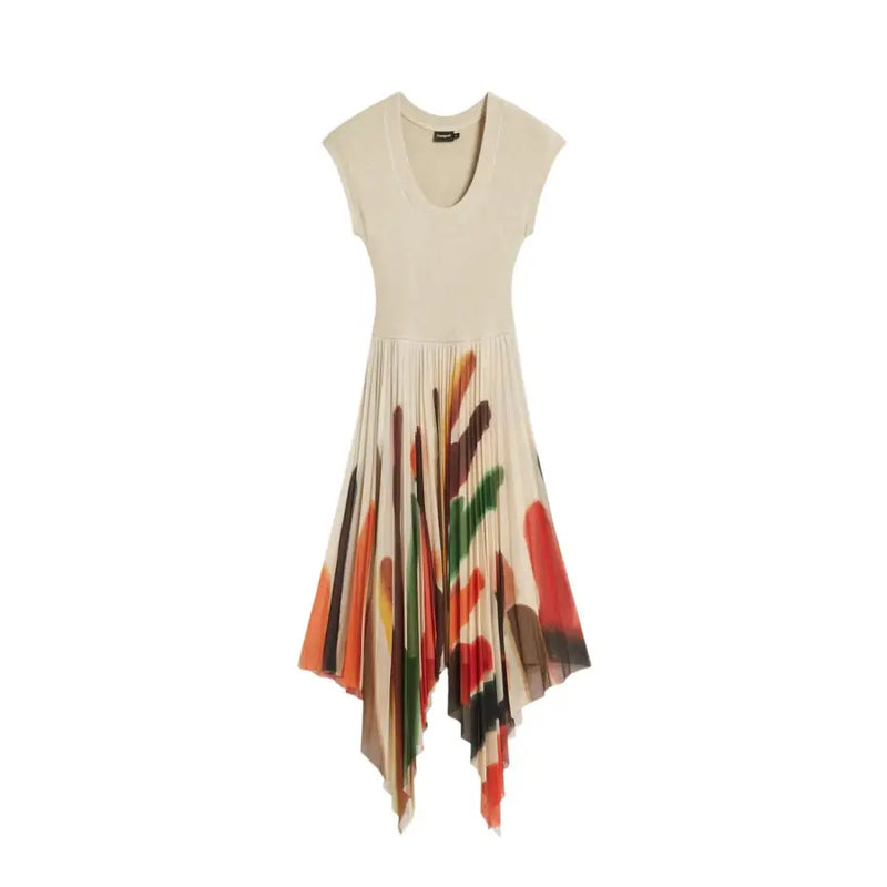 Desigual women beige sleeveless printed dress with v-neckline and asymmetrical pleated skirt for spring summer