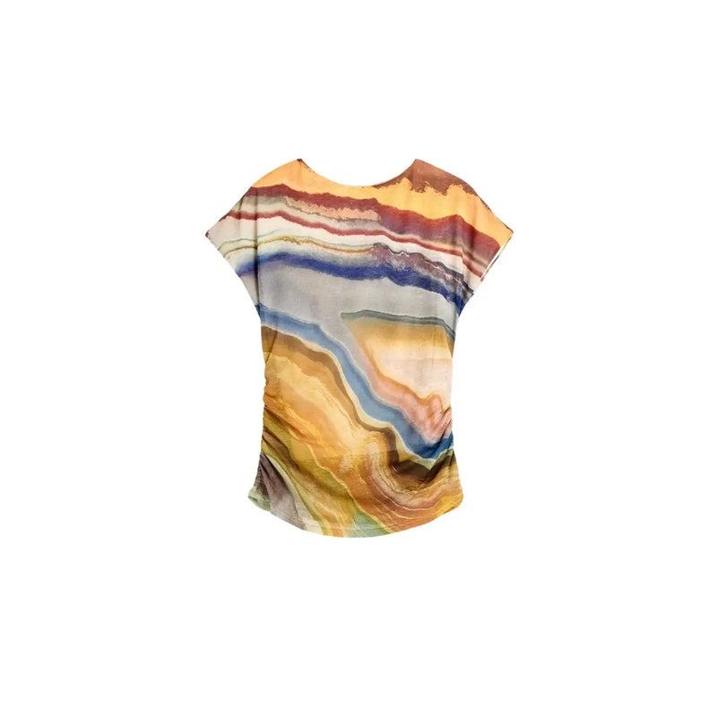 Desigual women beige round neck short-sleeved polyester t shirt with vibrant layered abstract orange blue beige pattern