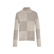 Pull Desigual pour femme, col roulé beige, en maille côtelée à rayures verticales bicolores disposées en blocs horizontaux.