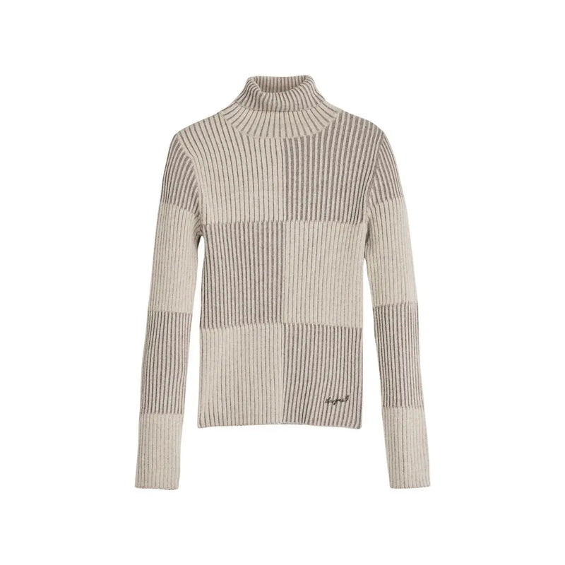 Pull Desigual pour femme, col roulé beige, en maille côtelée à rayures verticales bicolores disposées en blocs horizontaux.