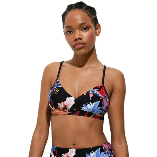 Bikini Desigual pour femme, noir, en polyamide et élasthanne, à fines bretelles et imprimé floral aux couleurs vives : bleu, rose et rouge.