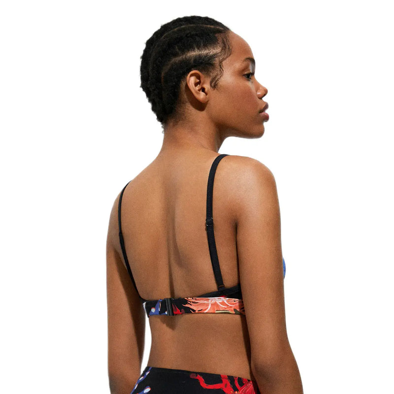 Desigual women bikini black polyamide elastane with black strap and vibrant colorful floral pattern on the band