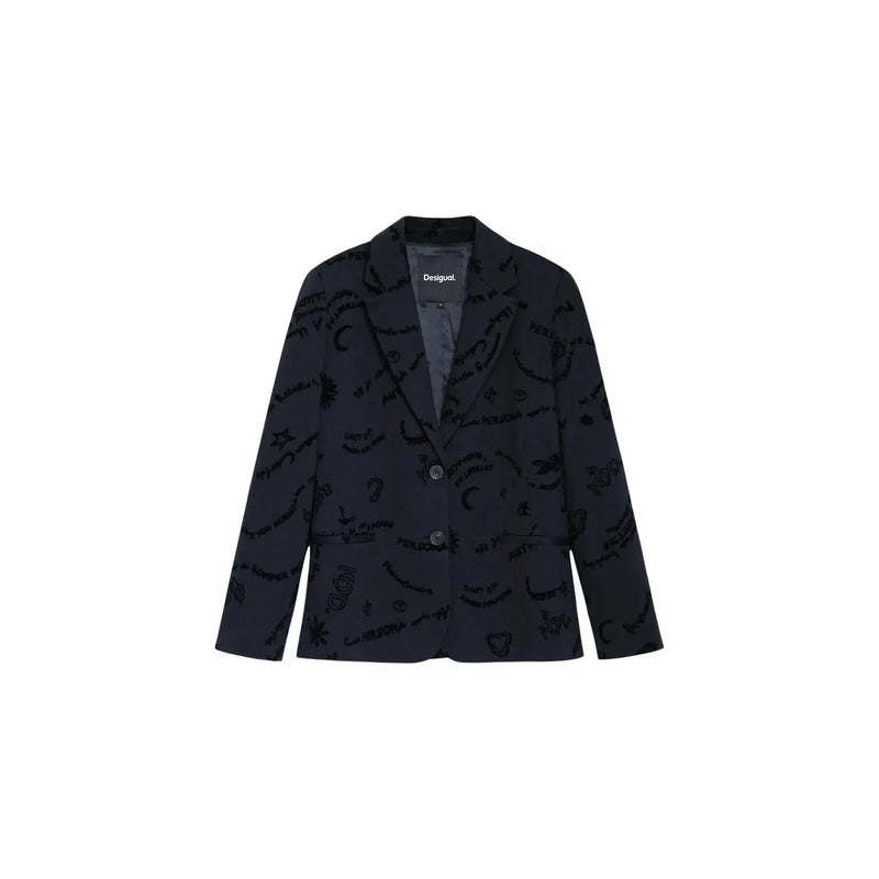 Dark navy Desigual women black blazer with playful black graffiti print elegant viscose blend fabric
