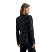Desigual women black blazer with intricate darker embroidered graffiti patterns viscose blend elegant design with three sleeve buttons