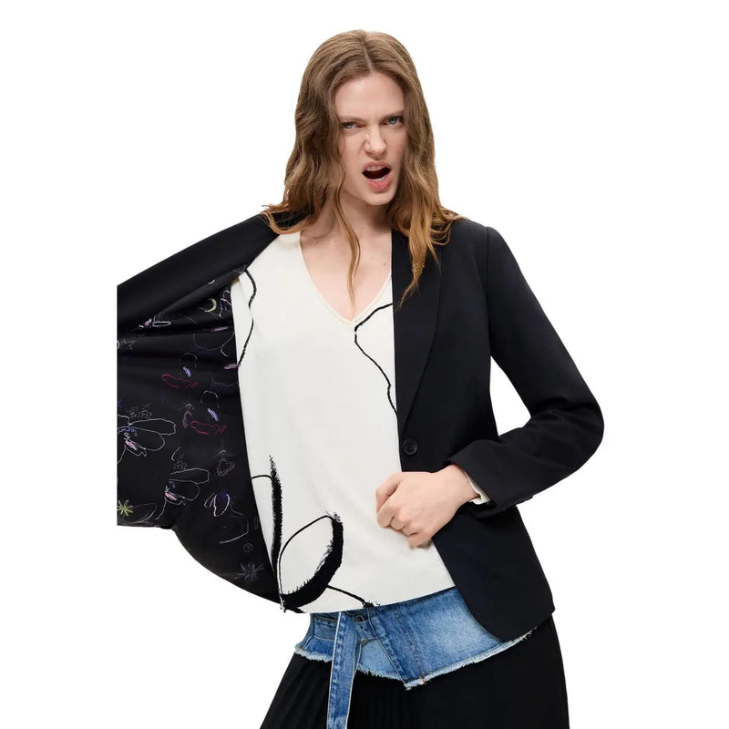 Desigual women black blazer with abstract floral and line embroidery on inside viscose blend long lapel lining