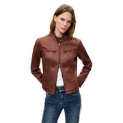 Brown suede moto jacket with zipper front and two flap pockets paired with Desigual women black polyester blazer
