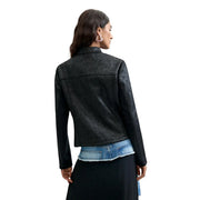 Desigual women black faux leather moto jacket with subtle texture and contrasting denim trim at the hem polyester blazer