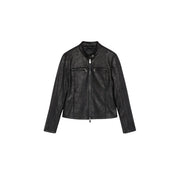 Desigual women black polyester blazer with zip mandarin pocket and textured leather moto jacket style closure