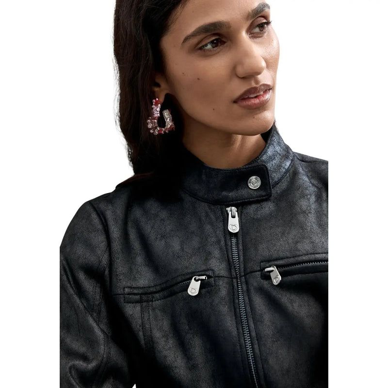 Desigual women black faux leather motorcycle jacket with silver zippers and buttoned collar in polyester blend