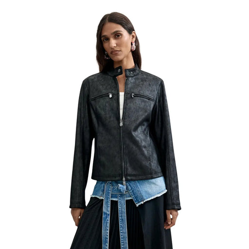 Veste de motard en cuir noir vieilli avec fermetures éclair argentées et poches avant, signée Desigual, pour femme, en polyester.