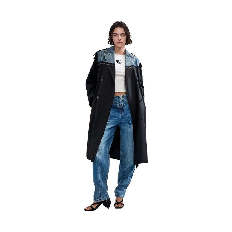 Desigual women black cotton lyocell hybrid trench blazer with denim accents and double-breasted buttons