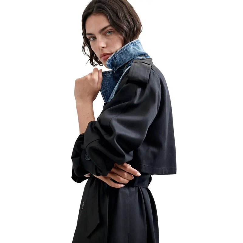 Desigual women black cotton lyocell hybrid trench blazer with denim collar and voluminous sleeves shown from the back