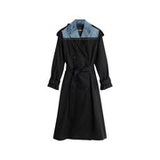 Desigual women black cotton lyocell trench blazer with denim collar double-breasted buttons and matching belt