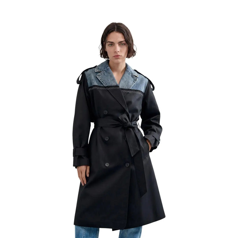 Desigual women black cotton lyocell hybrid trench blazer with denim collar and shoulder accents front view