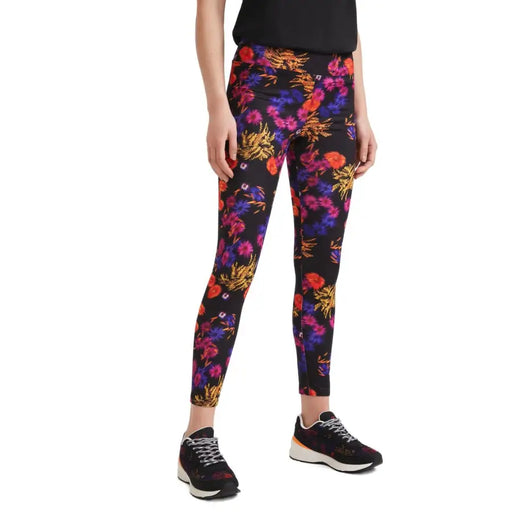Desigual women black leggings with vibrant multicolored floral pattern in pink purple orange and gold for spring summer