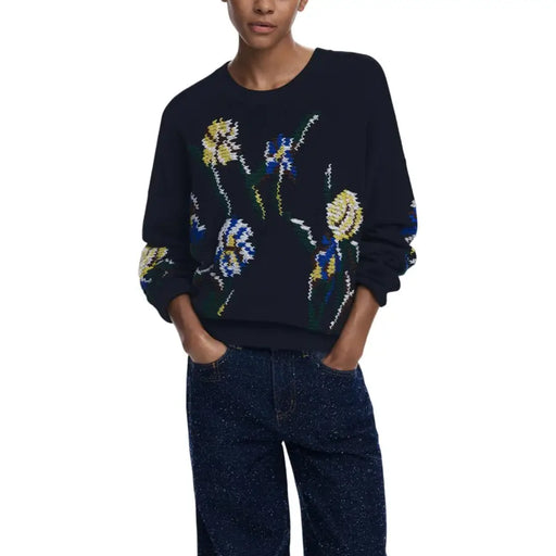 Pull Desigual pour femme, noir à fleurs, manches longues, en maille marine, dos