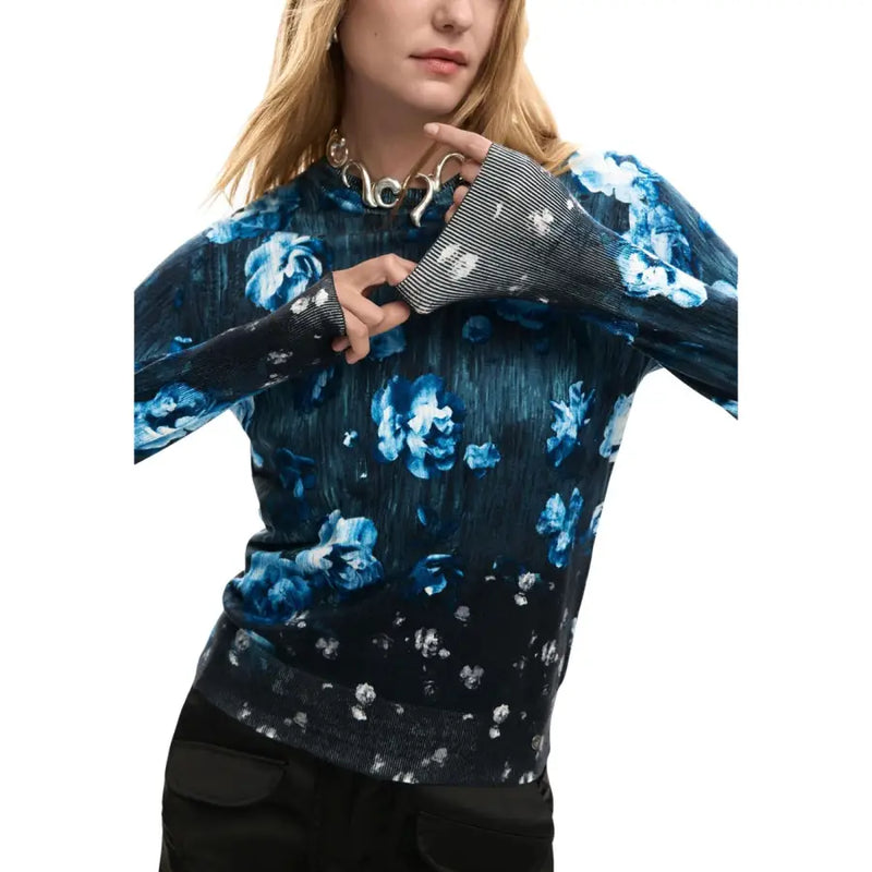 Desigual women black floral long sleeve round neck knitwear in dark blue with a floral pattern and ribbed cuffs