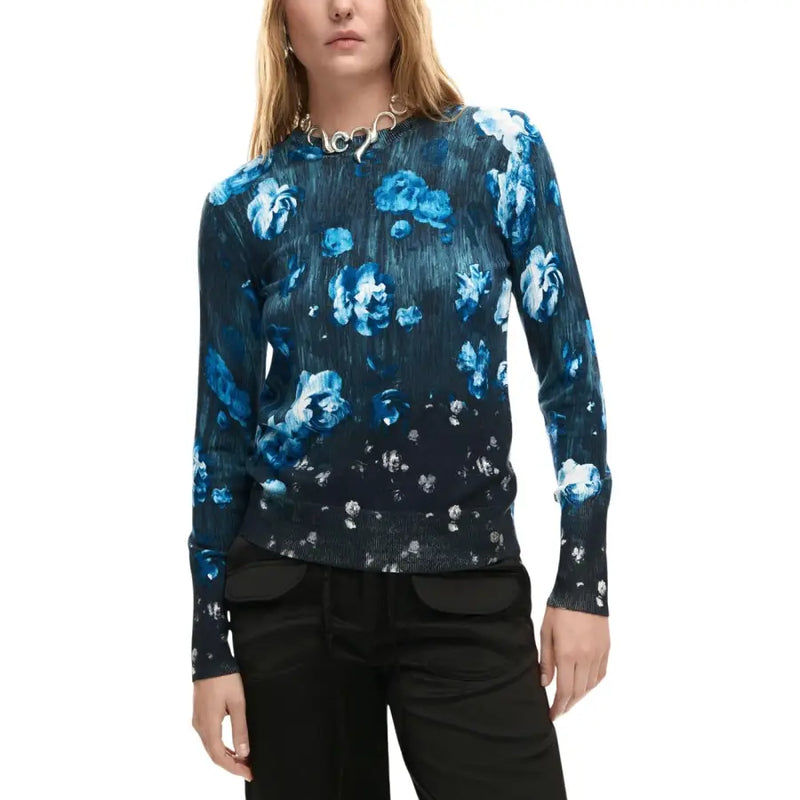 Desigual women black floral long sleeve round neck knitwear in navy blue with vibrant lighter blue and white floral pattern