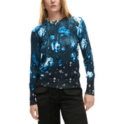 Desigual women black floral long sleeve round neck knitwear in navy blue with vibrant lighter blue and white floral pattern