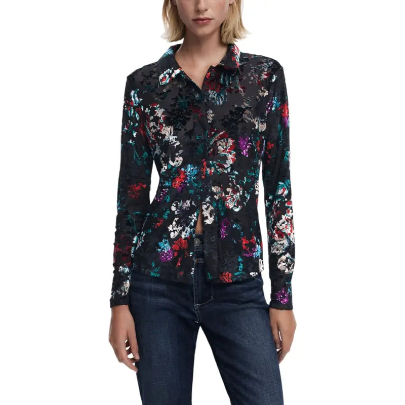 Desigual women black floral long sleeve button-down blouse
