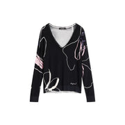 Pull Dsquared2 noir en viscose à col en V orné de motifs floraux abstraits blancs et roses, pour femme.