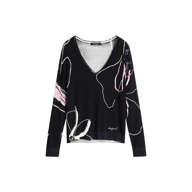 Pull Dsquared2 noir en viscose à col en V orné de motifs floraux abstraits blancs et roses, pour femme.