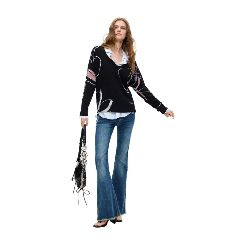 Pull Desigual pour femme en maille viscose noire à col V avec motif abstrait rose et blanc sur le devant