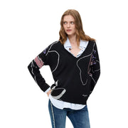 Pull Desigual pour femme en maille viscose noire à col V orné de motifs géométriques abstraits blancs, roses et violets