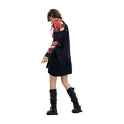 Black off-the-shoulder long dress with sheer colorful patterned sleeves and red-orange scarf polyester blend by Desigual