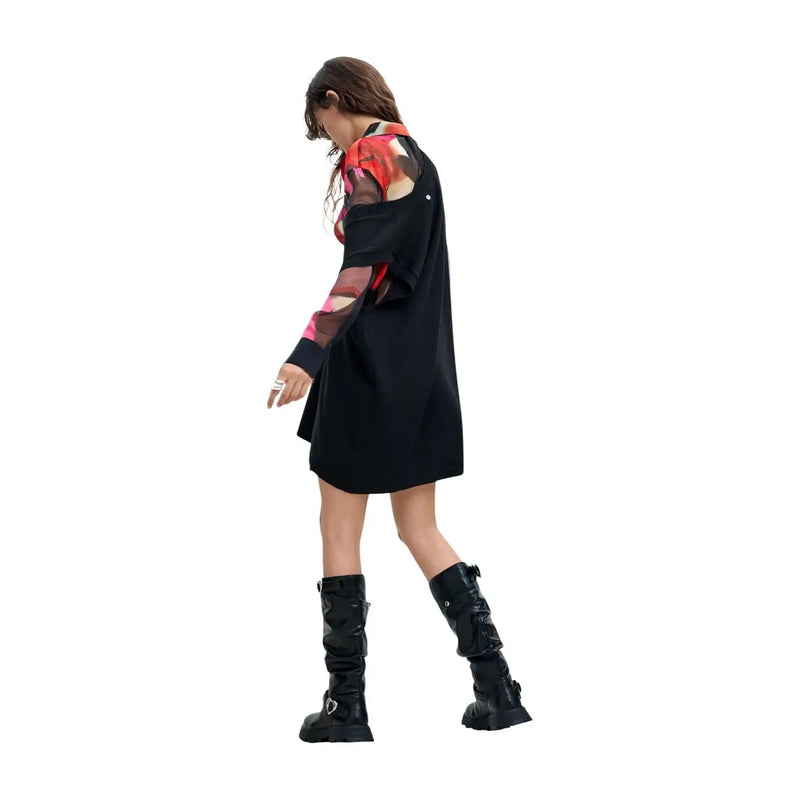 Black off-the-shoulder long dress with sheer colorful patterned sleeves and red-orange scarf polyester blend by Desigual
