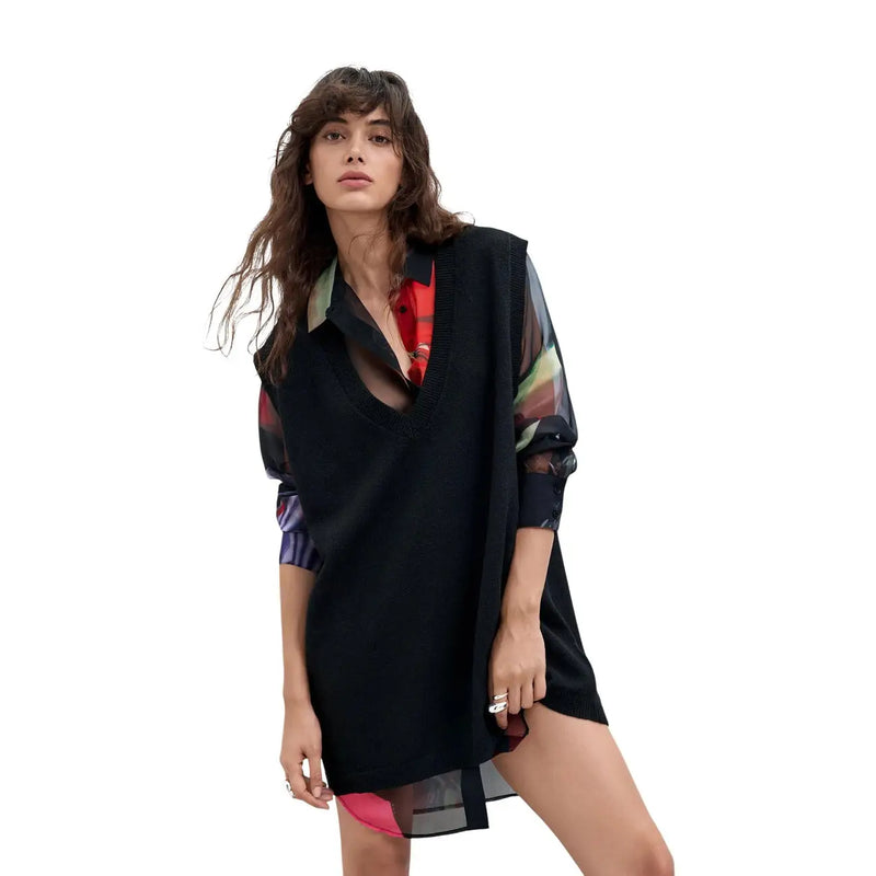 Desigual women black long dress polyester blend featuring a black sleeveless knit vest with sheer multicolored sleeves over red and black shirt