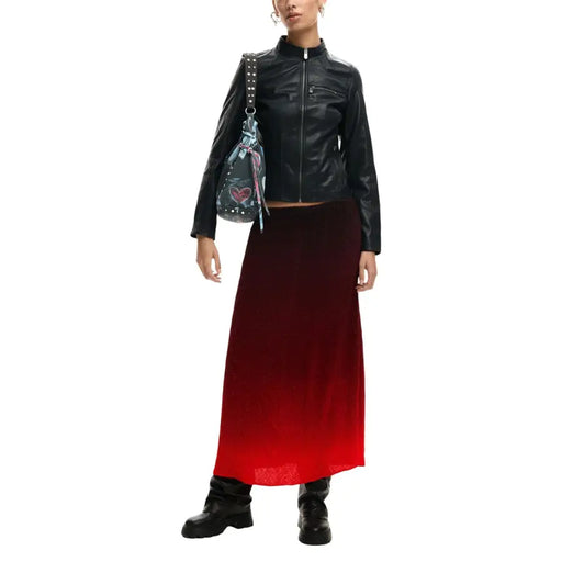 Desigual women black polyurethane turtleneck blazer with zip paired with a long velvet skirt gradient from burgundy to red