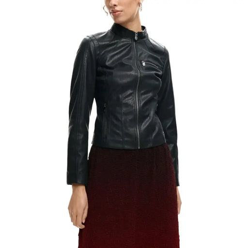 Desigual women black polyurethane turtleneck blazer with high collar and front zipper detail in moto jacket style