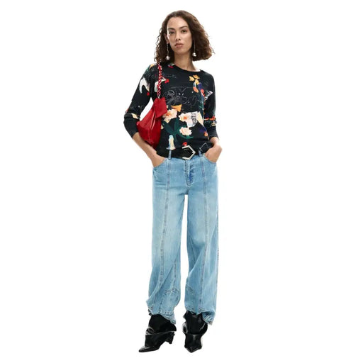 Pull à manches longues Desigual pour femme, imprimé floral noir et oiseaux top