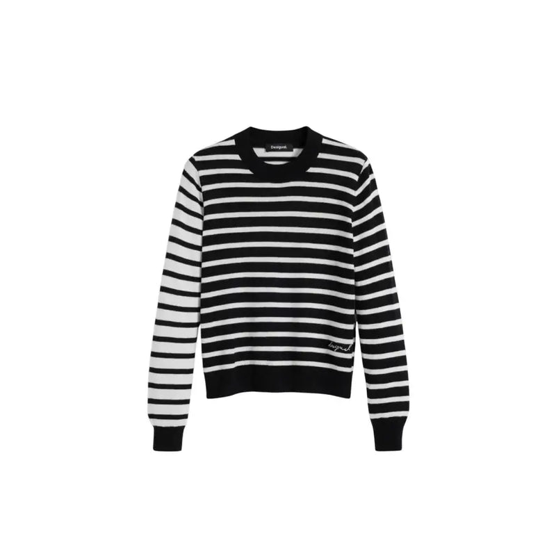 Desigual women black and white striped long-sleeved knit sweater with round neck ribbed cuffs and hem