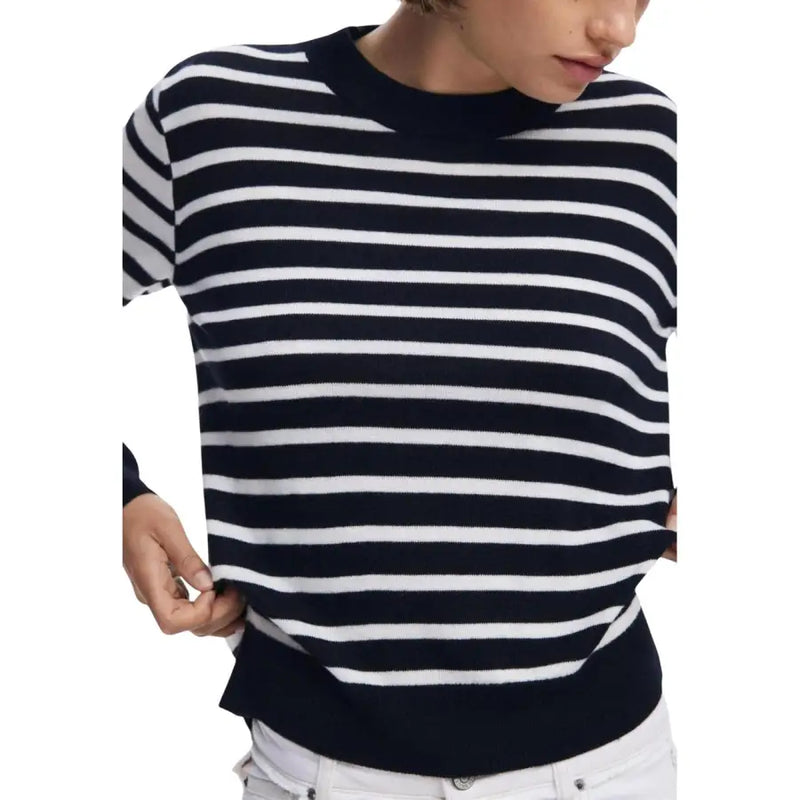 Desigual women black striped round neck knit sweater with navy and white horizontal stripes and ribbed crew neckline