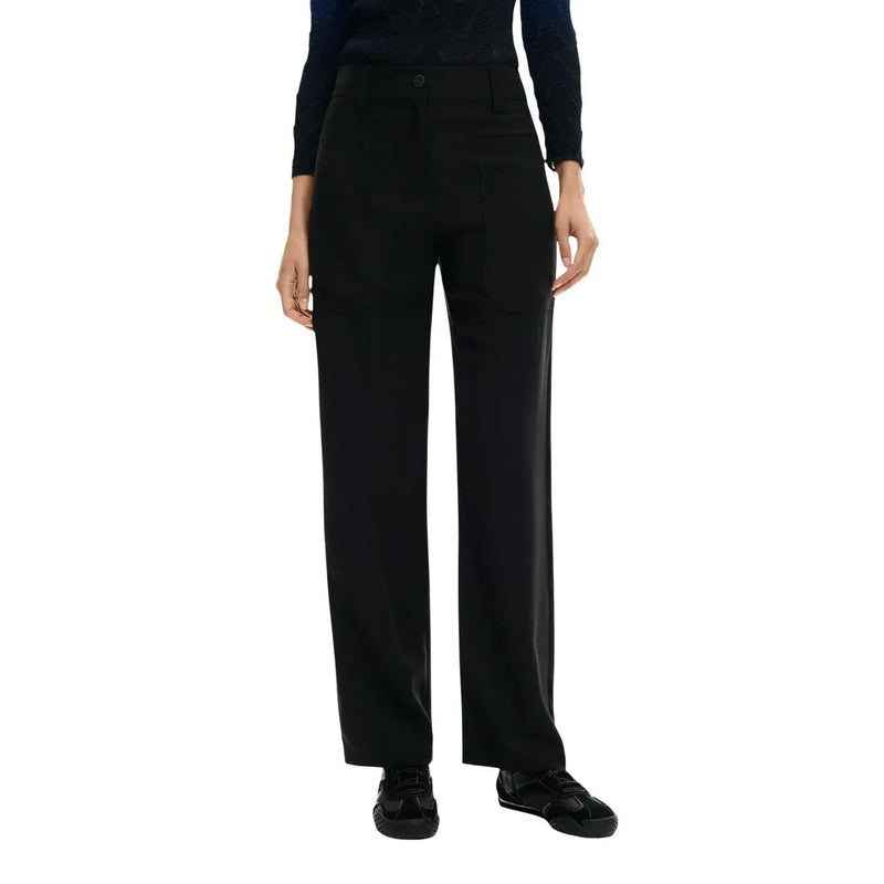 Pantalon Desigual noir pour femme, taille haute, jambes larges, en viscose, avec poches et coupe élégante.