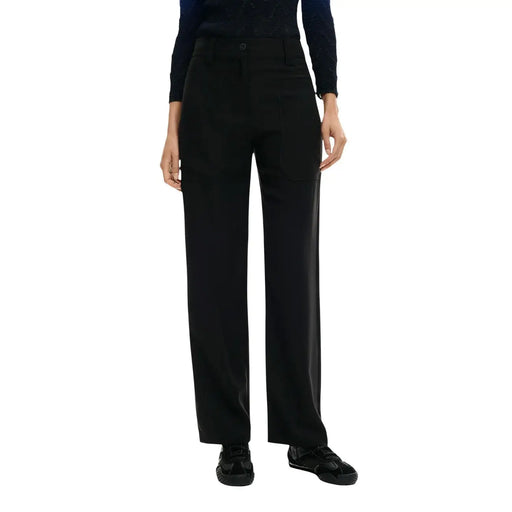 Pantalon Desigual noir pour femme, taille haute, jambes larges, en viscose, avec poches et coupe élégante.
