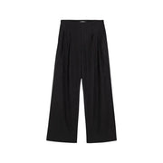 Pantalon Desigual noir pour femme, taille haute, jambes larges, fermeture éclair, fines rayures verticales et plis sur le devant, en mélange de polyester.