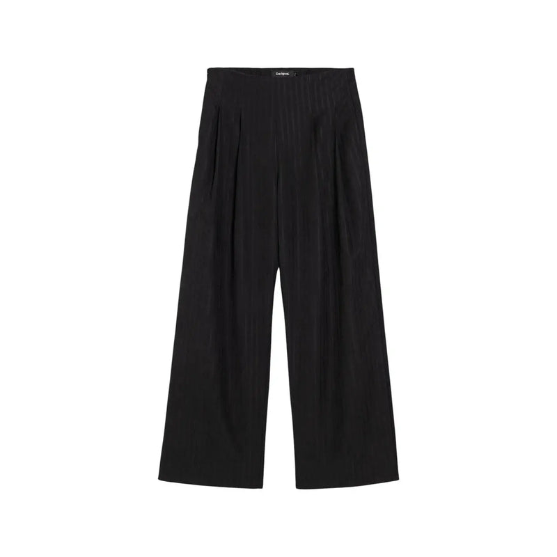 Pantalon Desigual noir pour femme, taille haute, jambes larges, fermeture éclair, fines rayures verticales et plis sur le devant, en mélange de polyester.