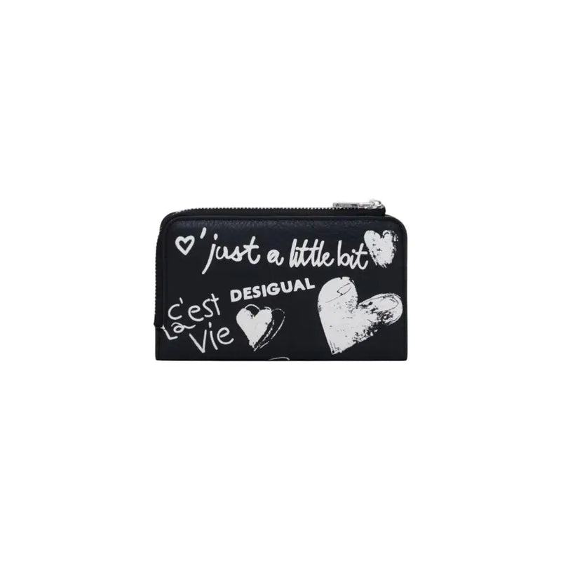 Desigual women black zip wallet with white graffiti text and hearts