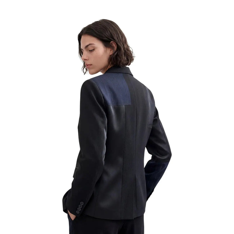 Black leather blazer with contrasting navy blue shoulder panel by Desigual made from polyester blend for women