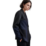 Desigual women blue blazer with black and navy pinstripe patchwork and contrasting fabric panels polyester blend