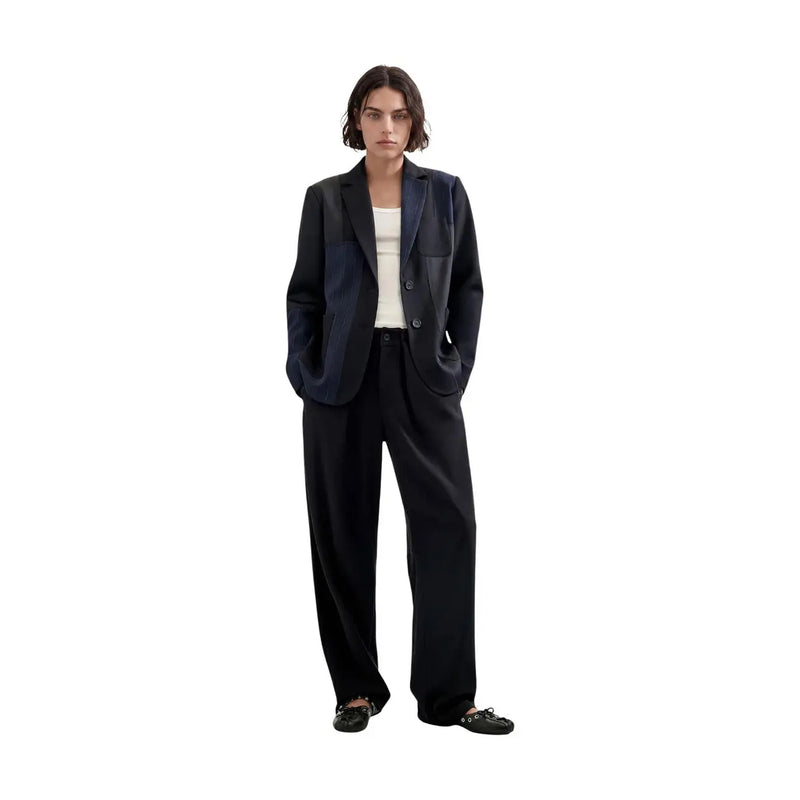Desigual women blue blazer in black polyester blend with subtle two-tone contrast and matching wide-leg trousers