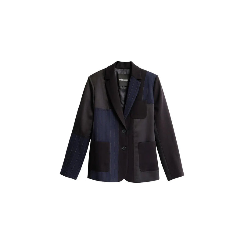 Desigual women blue blazer in black and navy patchwork with vertical pinstripes made from polyester blend fabric