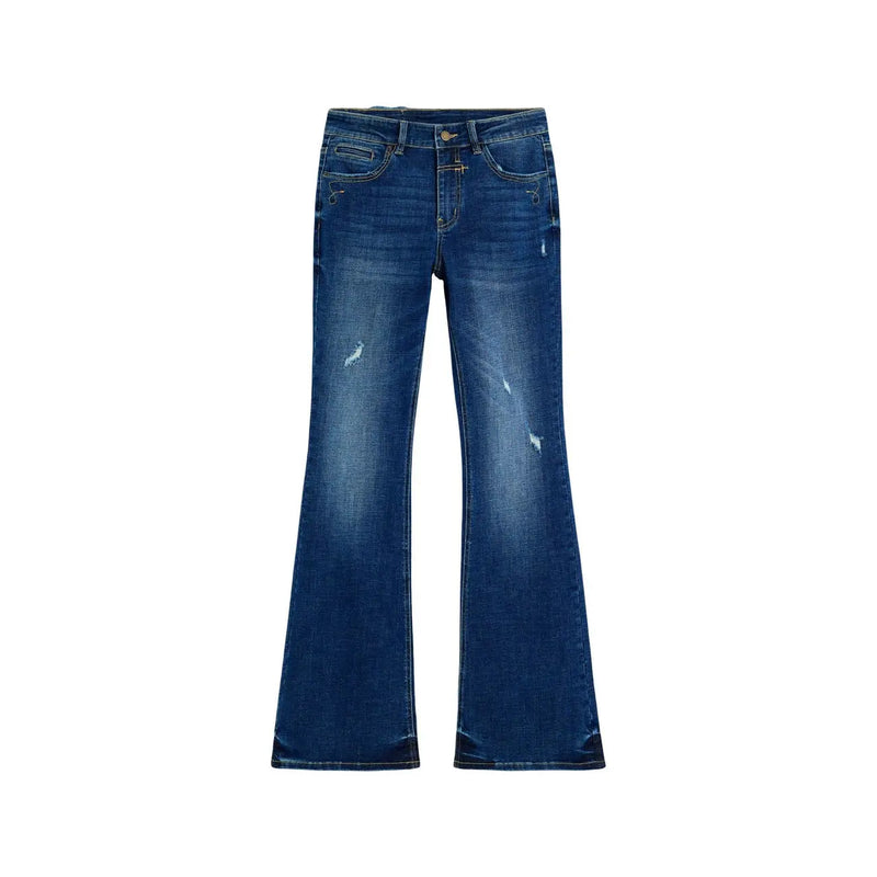 Jean Desigual pour femme, modèle Lindsay en denim de coton bleu foncé, coupe évasée, subtilement usé et coupe classique à cinq poches.