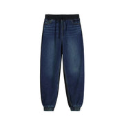 Jean Desigual pour femme en denim de coton bleu stretch, pantalon de jogging bleu foncé avec ceinture élastique noire et ourlets à revers