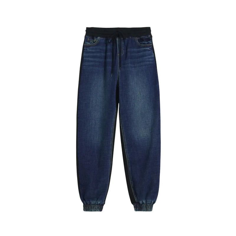 Jean Desigual pour femme en denim de coton bleu stretch, pantalon de jogging bleu foncé avec ceinture élastique noire et ourlets à revers