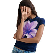 Navy blue cotton round neck short sleeve t shirt with vibrant purple hibiscus flower and subtle beading by Desigual